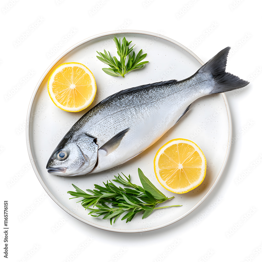 Fresh Raw Whole Sea Fish with Lemon on plate top view isolated on white background Fresh Raw Whole Sea Fish with Lemon on plate top view isolated on white background