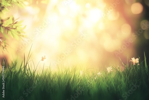 Sunlit meadow with grass, flowers, and bokeh.