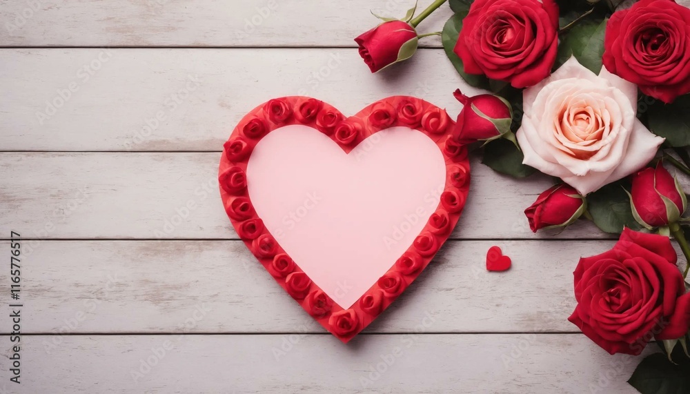 Romantic heart-shaped frame surrounded by red and pink roses on a rustic wooden background. Perfect for Valentine's Day or anniversary greetings. Romantic heart-shaped frame surrounded by red and pink roses on a rustic wooden background. Perfect for Valentine's Day or anniversary greetings.