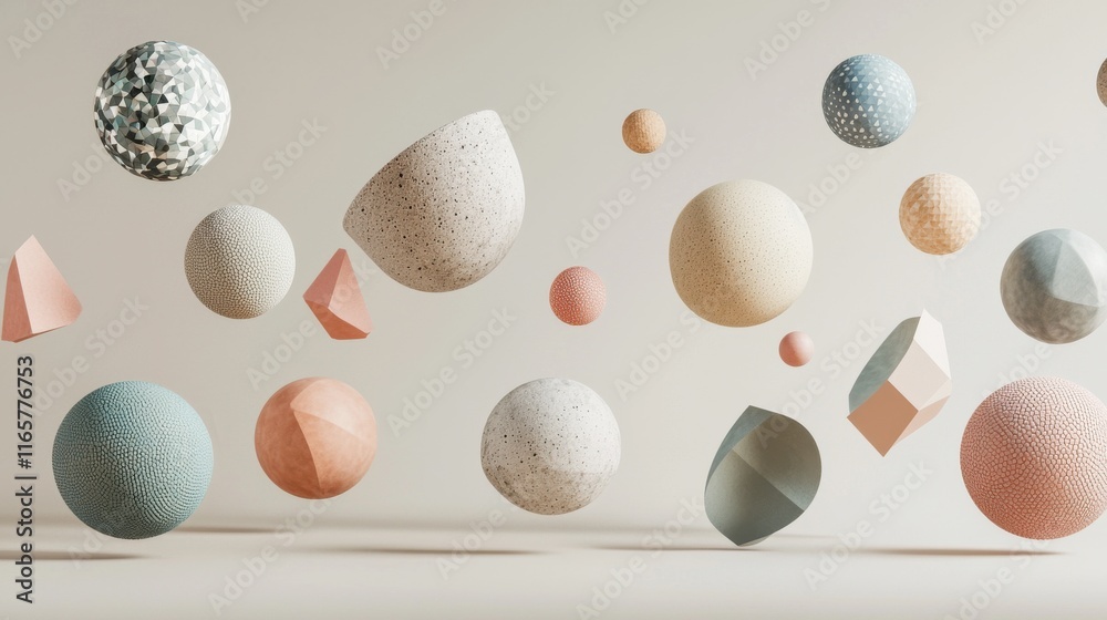 Fototapeta premium Abstract floating shapes in soft pastel colors studio setting digital art minimalist design eye-level view modern aesthetic