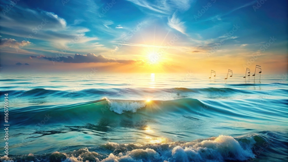 Obraz premium A vibrant sunset over the ocean with musical notes rising from the water, reflecting the golden hues of the sky.