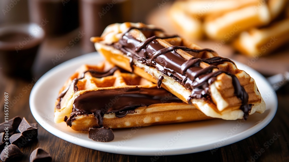Delicious Chocolate-Covered Waffles on a White Plate Delicious Chocolate-Covered Waffles on a White Plate