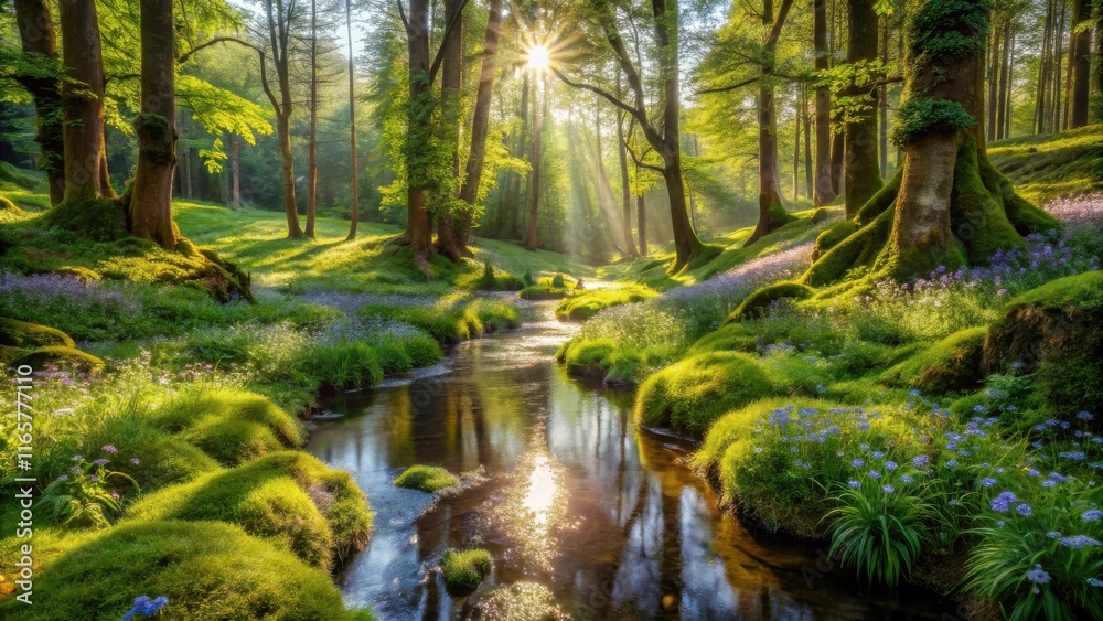 Obraz premium Sunbeams Illuminate a Serene Forest Stream, Bathing Lush Green Meadows and Delicate Blue Wildflowers in Golden Light