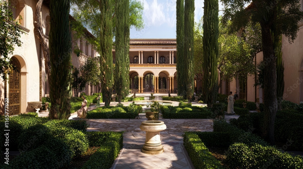 Obraz premium Intriguing Scene in a Byzantine Palace Courtyard - Photorealistic Artwork of Nobles Discussing Politics Amid Lush Gardens and Elegant Columns
