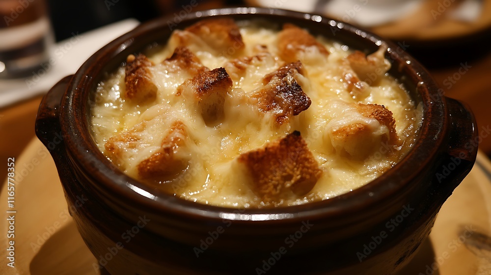 A close-up of a bowl of French onion soup, with caramelized onions and a melted cheese-topped crouton A close-up of a bowl of French onion soup, with caramelized onions and a melted cheese-topped crouton
