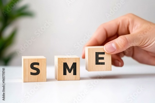 Obraz na płótnie A hand placing wooden blocks to form the acronym SME, representing small and medium enterprises, on a modern workspace background emphasizing entrepreneurship and business growth. w salonie