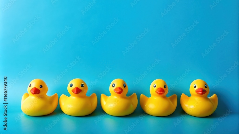A row of four yellow rubber ducks lined up on a bright blue background, ready for a playful bath time. A row of four yellow rubber ducks lined up on a bright blue background, ready for a playful bath time.