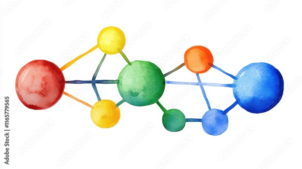 Obraz premium Colorful Abstract Watercolor Representation of Molecular Structure and Connections