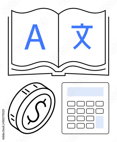 Open book with multilingual symbols, coin icon, and calculator highlighting education, finance, and global understanding. Ideal for language learning, budgeting, studies, analytics diversity global