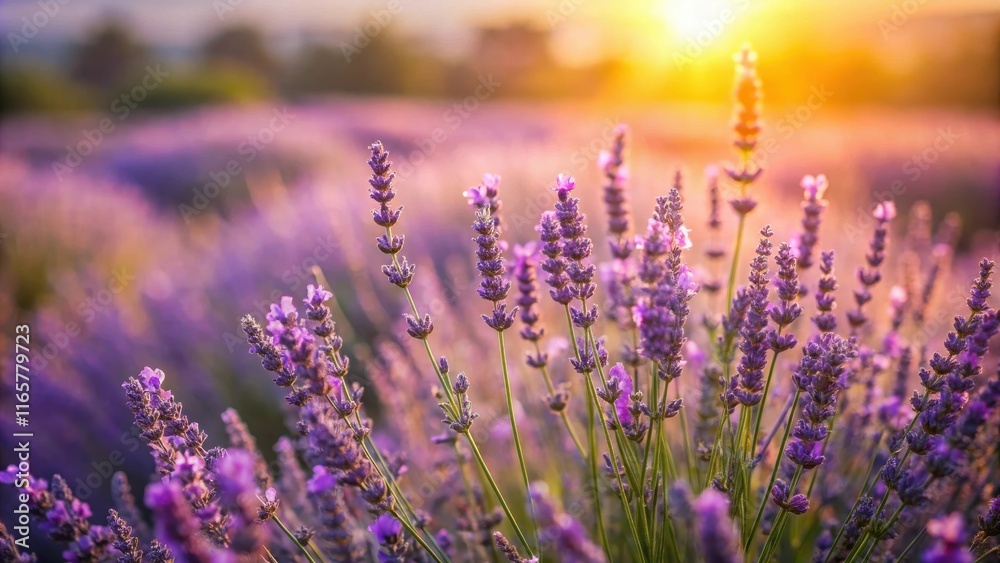 Naklejka premium Close-up view of delicate lavender blossoms bathed in the warm glow of a setting sun, creating a picturesque scene of natural beauty
