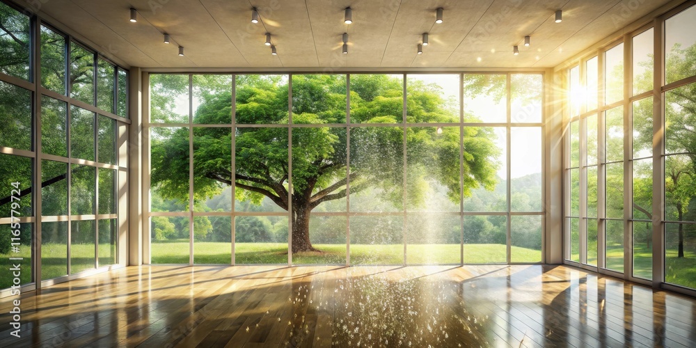 Fototapeta premium A Sunlit Room with a Large Window Overlooking a Lush Green Tree and a Grassy Field, Raining Outside