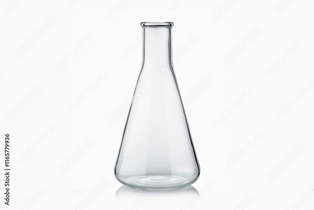 Erlenmeyer flask on reflective isolated on white background with clipping path, Chemical laboratory glassware and Scientific equipment concept Erlenmeyer flask on reflective isolated on white background with clipping path, Chemical laboratory glassware and Scientific equipment concept