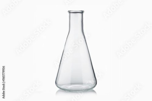 Erlenmeyer flask on reflective isolated on white background with clipping path, Chemical laboratory glassware and Scientific equipment concept