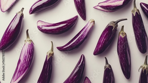 Purple eggplants with a glossy finish rest on a white backdrop, their vibrant hues adding a splash of color to the scene. These fresh vegetables, capturing the essence of vibrant produce photo