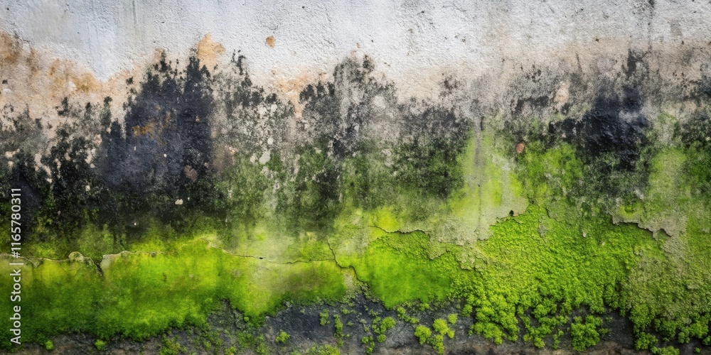 Obraz premium A weathered concrete wall covered in green moss, displaying the natural progression of time and the resilience of life