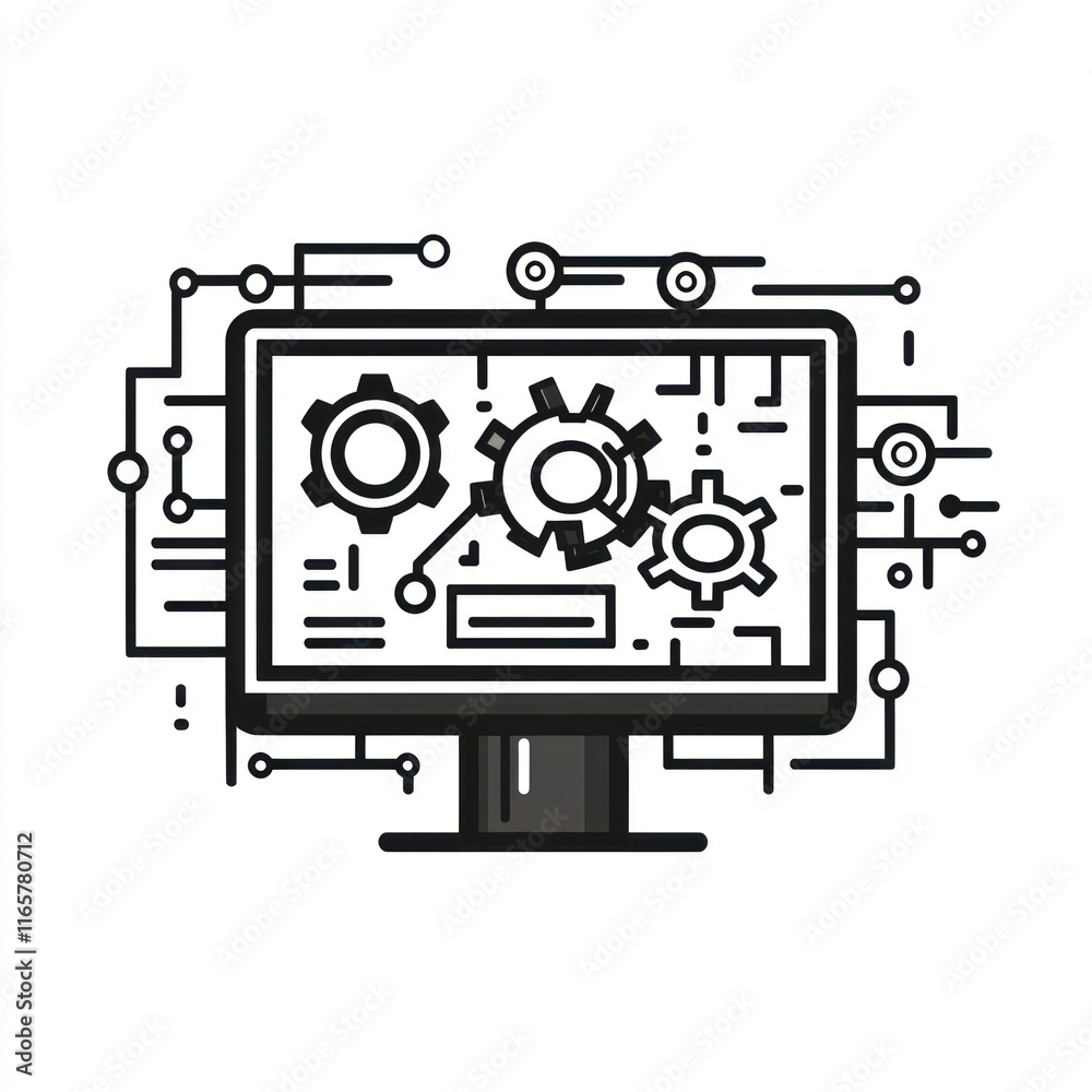 Computer Screen Displaying Interconnected Gears and Circuits Computer Screen Displaying Interconnected Gears and Circuits