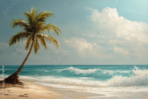 Relaxing beach with a palm tree under a bright blue sky and gentle ocean waves