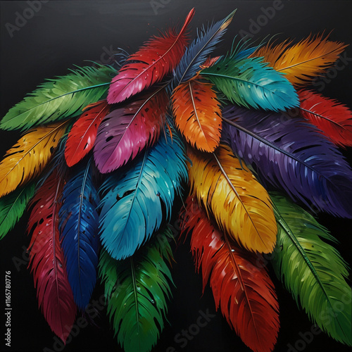 The oil painting showcases colorful feathers on a dark background, created using palette knives and ferrania p30 for hard edge painting, showcasing intricate animations and fine feather details. photo