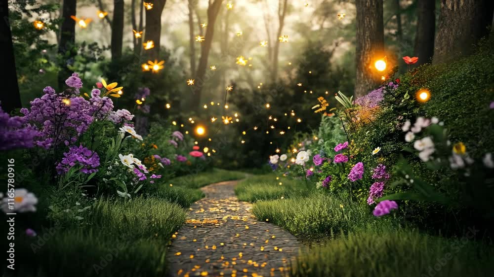 Serene garden pathway illuminated by fireflies and surrounded by vibrant flowers during twilight hours