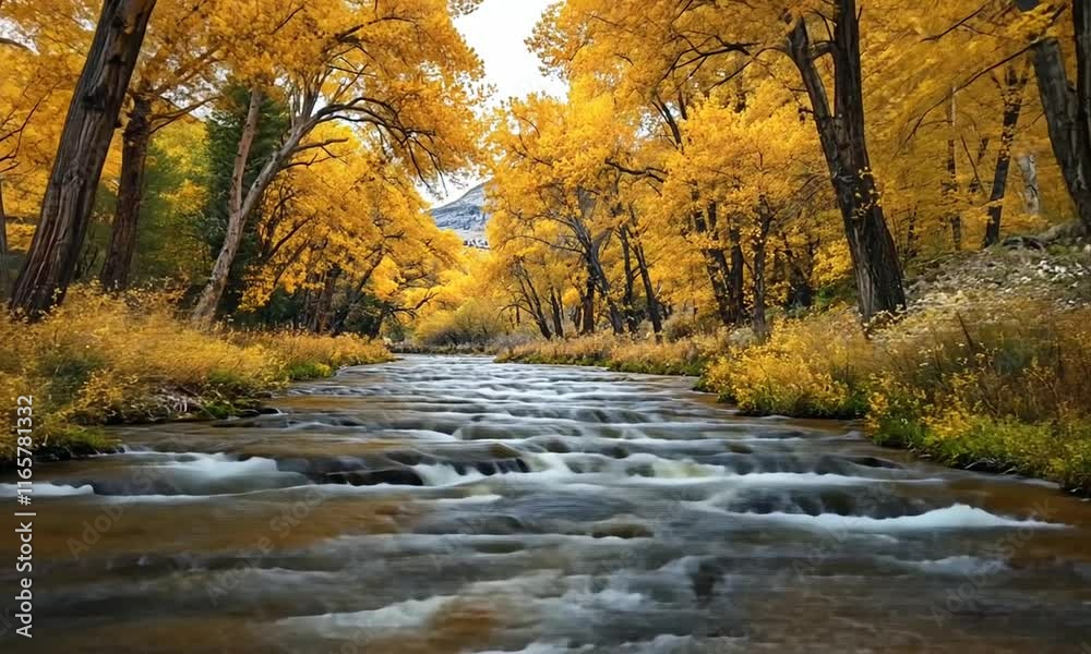 A serene river flowing through vibrant autumn foliage. A serene river flowing through vibrant autumn foliage.