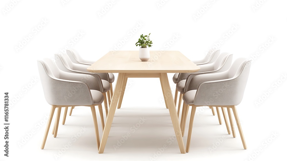 Fototapeta premium A top-down view of a round wooden table with six light-colored chairs