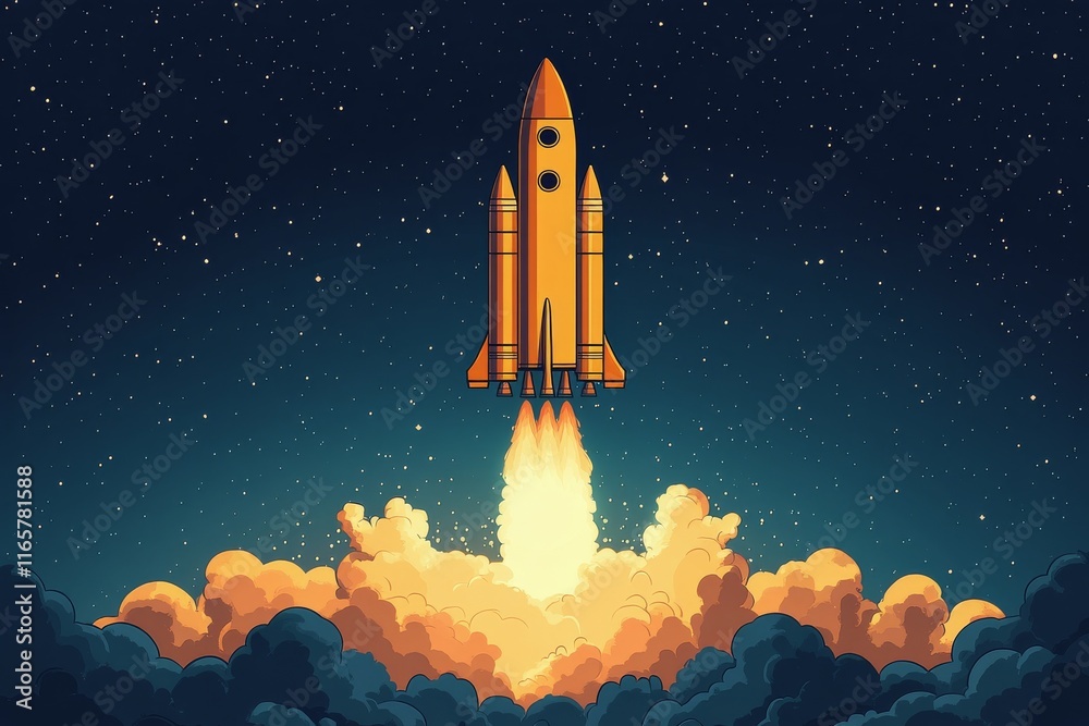 Rocket launches into a starry sky, leaving trails of smoke and flames in the evening atmosphere Rocket launches into a starry sky, leaving trails of smoke and flames in the evening atmosphere