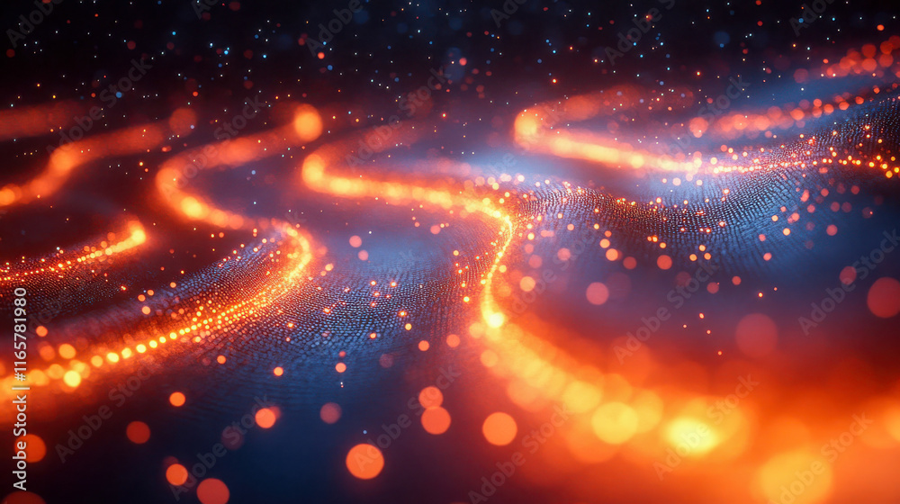 Fototapeta premium Abstract digital network with glowing orange and blue lights, representing technology, data connections, and futuristic innovation