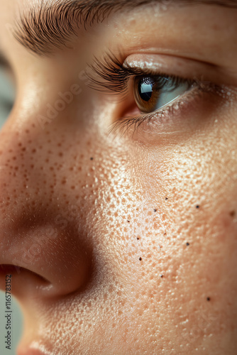 Female woman face and nose with deep open pores, acne and imperfect facial skin, skincare and cosmetic concept background.