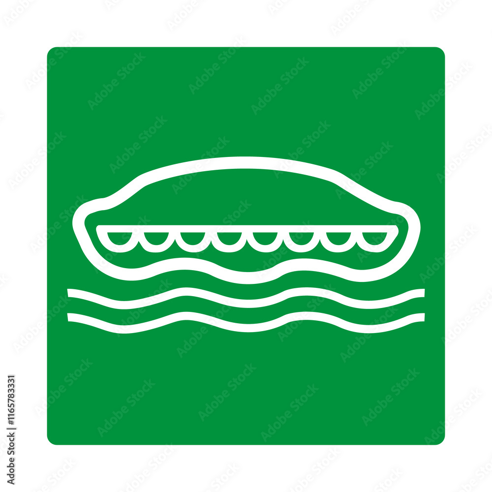Green sign lifeboat. Lifeboat locations intended for the evacuation persons in an emergency on a ship or other object. Organization evacuation in emergency conditions. Iso 7010. Green sign lifeboat. Lifeboat locations intended for the evacuation persons in an emergency on a ship or other object. Organization evacuation in emergency conditions. Iso 7010.