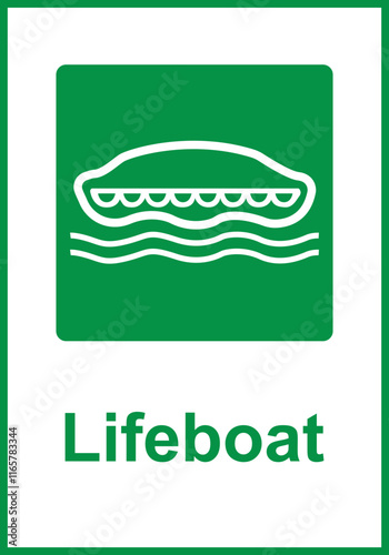Green sign lifeboat. Lifeboat locations intended for the evacuation persons in an emergency on a ship or other object. Organization evacuation in emergency conditions. Iso 7010.