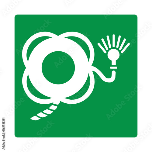 Green sign lifebuoy with line and light. Designation the location a lifebuoy equipped with a line floating rope. Rescue people overboard or in the water. Safe pulling out the victim. Iso 7010.