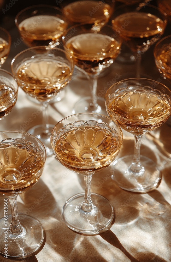 Elegant crystal glasses filled with golden liquid arranged on a white table Elegant crystal glasses filled with golden liquid arranged on a white table