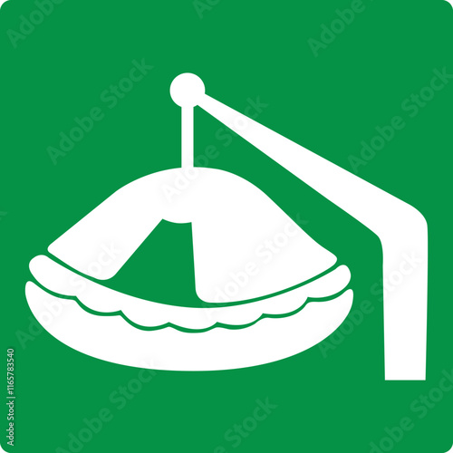 Davit launched liferaft. Green sign liferaft. Liferaft locations intended for evacuation persons in case emergency a vessel or other object. Organization evacuation in emergency conditions. Iso 7010.