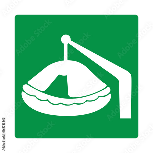 Davit launched liferaft. Green sign liferaft. Liferaft locations intended for evacuation persons in case emergency a vessel or other object. Organization evacuation in emergency conditions. Iso 7010.