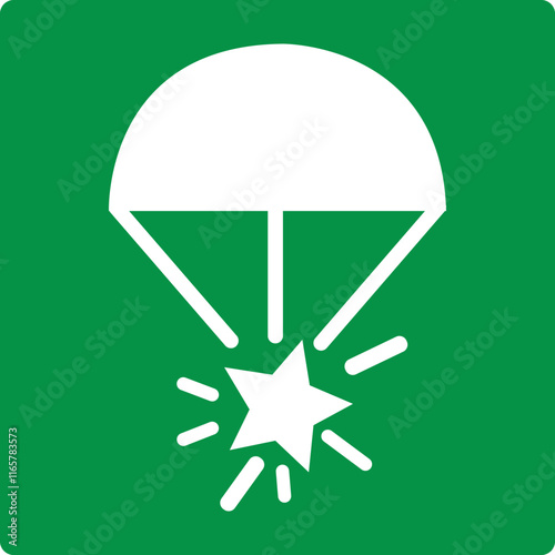 Green sign parachute flares. Designations the place storage signal flares. Rockets with a parachute for slow descent and attracting attention at a long distance. Iso 7010.
