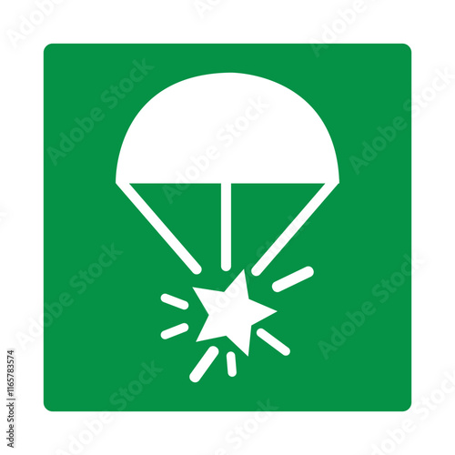 Green sign parachute flares. Designations the place storage signal flares. Rockets with a parachute for slow descent and attracting attention at a long distance. Iso 7010.