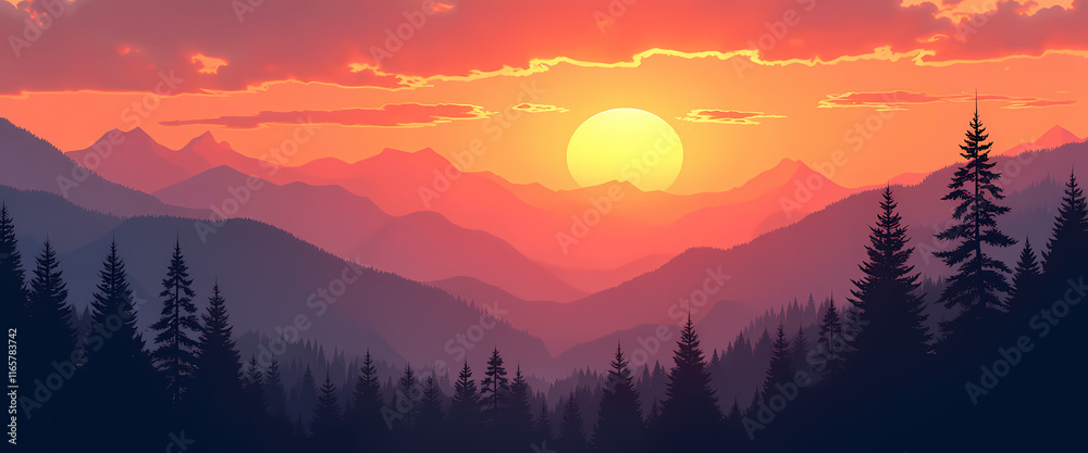 Stunning sunset over majestic mountain range with silhouetted trees in a romantic atmosphere Stunning sunset over majestic mountain range with silhouetted trees in a romantic atmosphere