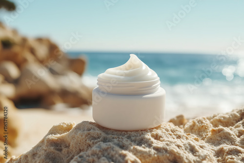 Sunscreen lotion cream against summer holiday sand beach ocean view background. photo