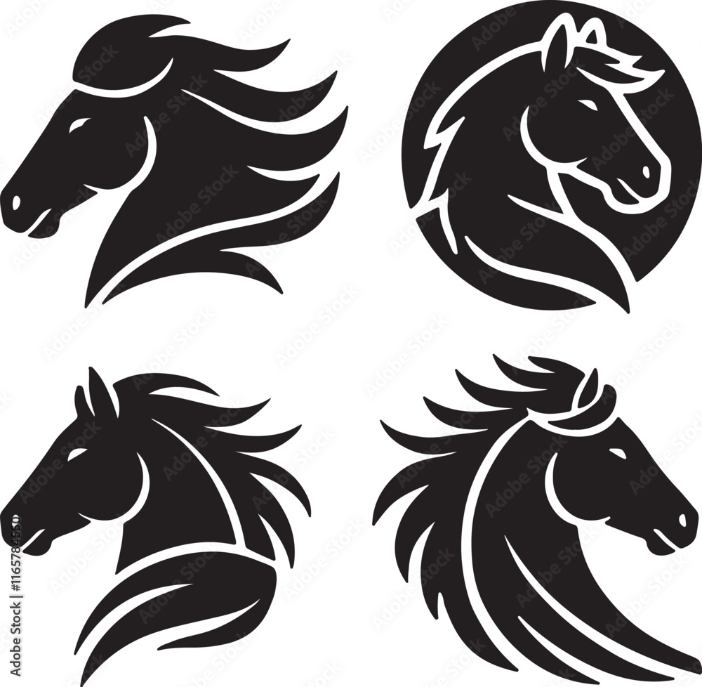 Obraz premium Horse head vector black silhouette lineart logo icon bundle, animal isolated on white background collection, creative minimal clean detail editable set