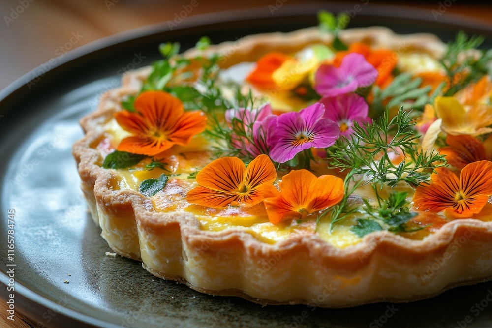 Delicious tart topped with vibrant edible flowers on a rustic plate Delicious tart topped with vibrant edible flowers on a rustic plate