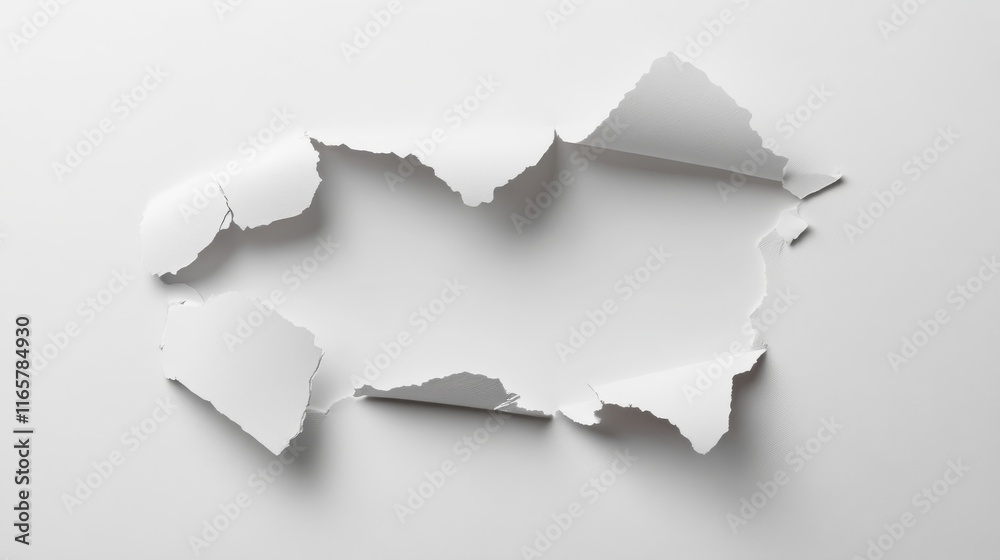 Torn paper hole in a white background with a shadow, blank spaces for text or a message. Isolated on a white background, detailed, with natural light, sharp focus, high-resolution photography Torn paper hole in a white background with a shadow, blank spaces for text or a message. Isolated on a white background, detailed, with natural light, sharp focus, high-resolution photography