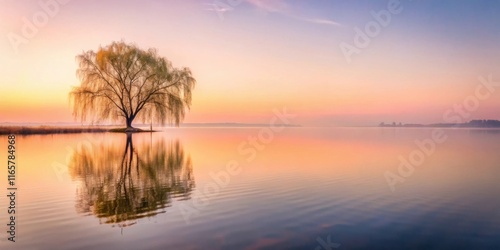 A solitary willow tree stands majestically at the edge of a still lake, its reflection mirroring the tranquil beauty of the pastel-colored sunrise.