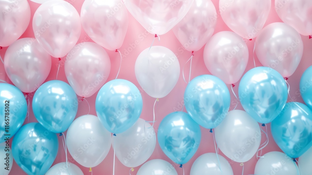 Pink and blue balloons on a pink background. Perfect option for children's parties, advertising of goods for children and thematic articles about family events. Pink and blue balloons on a pink background. Perfect option for children's parties, advertising of goods for children and thematic articles about family events.