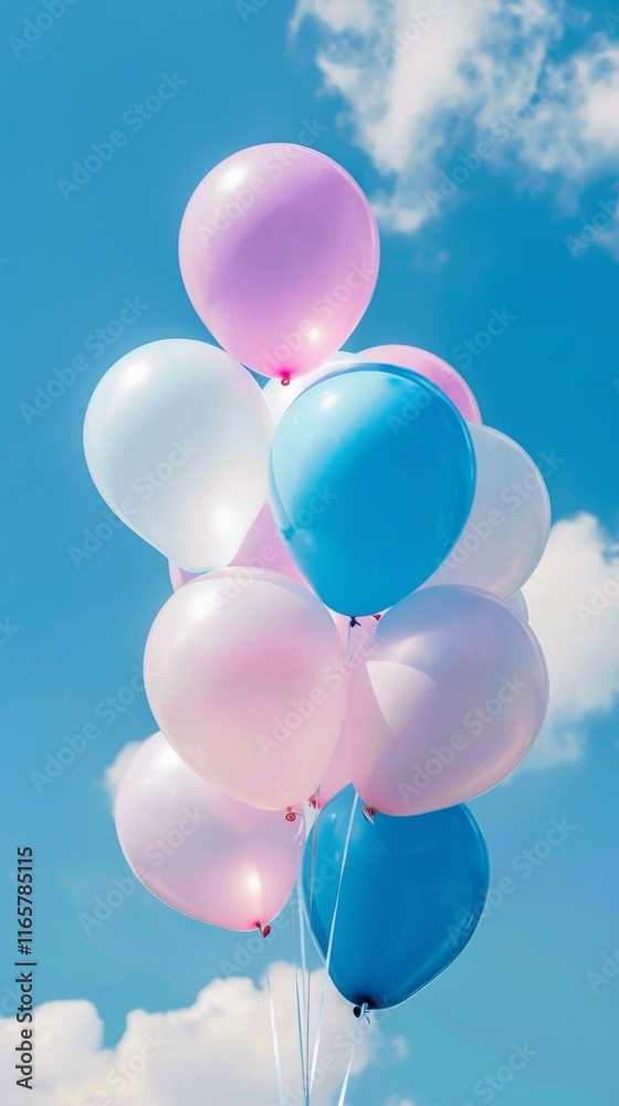 Bright balloons of pink, blue and white colors on the background of blue sky with clouds. Ideal for holiday cards, blogs about children's parties and advertising of event organization services. Bright balloons of pink, blue and white colors on the background of blue sky with clouds. Ideal for holiday cards, blogs about children's parties and advertising of event organization services.