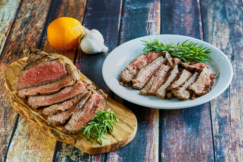 grilled london broil, sliced on a plate