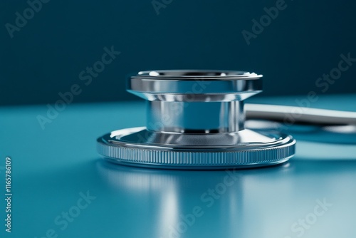 Close-up of a chrome stethoscope chestpiece on a blue surface. photo