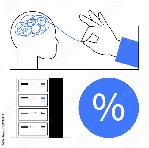 Hand untangling mind, server stack, percentage symbol. Ideal for mental clarity, data management, optimization, analytics, cognitive science, efficiency abstract line flat metaphor