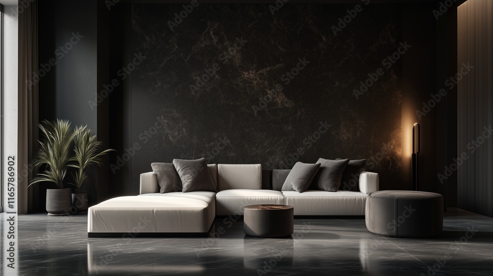 Modern dark room, polished 3D textures, soft glimmers of light breaking shadows. Modern dark room, polished 3D textures, soft glimmers of light breaking shadows.