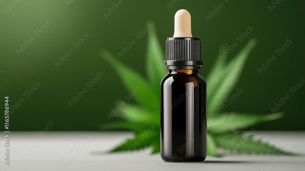 A dropper bottle of herbal extract on a green background. A dropper bottle of herbal extract on a green background.