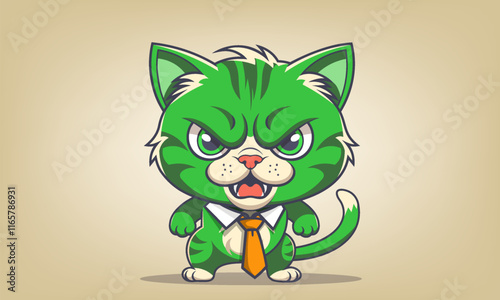 Vector cartoon angry green kitten in orange tie. Toon swearing animal. Domestic furious animal. Pet fierce cat.